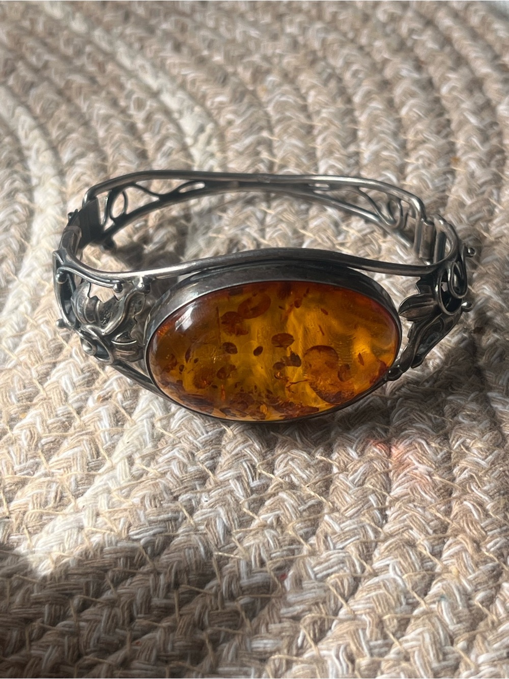 Sterling Silver Amber Oval Hinged Bangle Bracelet - Honey Amber